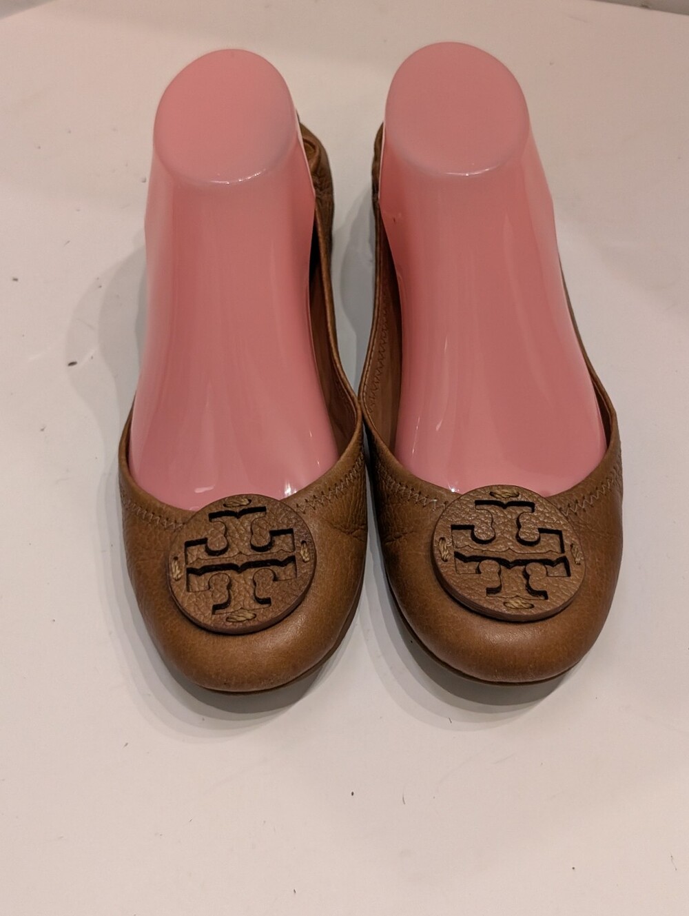Tory Burch Women's 7.5 Reva Tan Brown Leather Ballet Flats Elastic